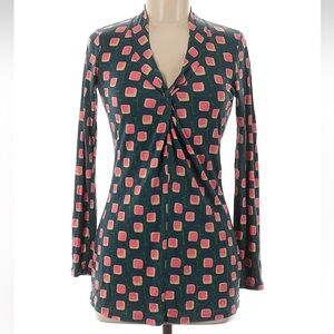 Boden Geo Print V Neck Twist Long Sleeve Top US Size 6 Shirt Jersey Knit Tunic